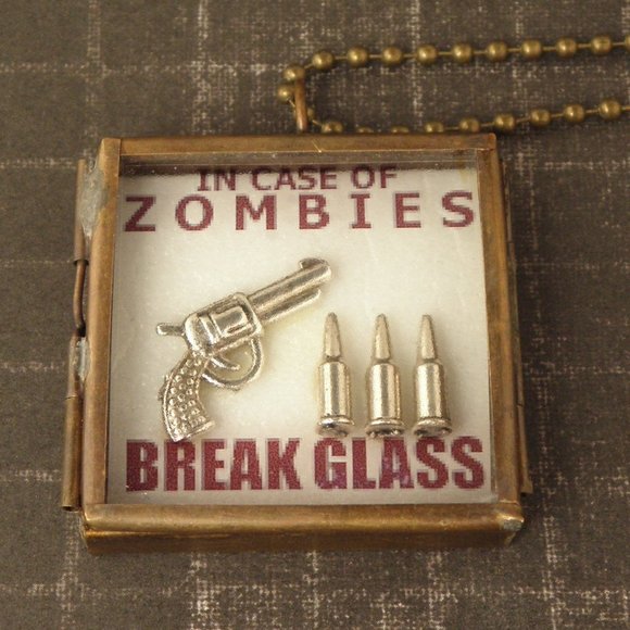 Boutique Jewelry - NWT-In Case Of Zombies-BREAK GLASS-Handgun & Bullet